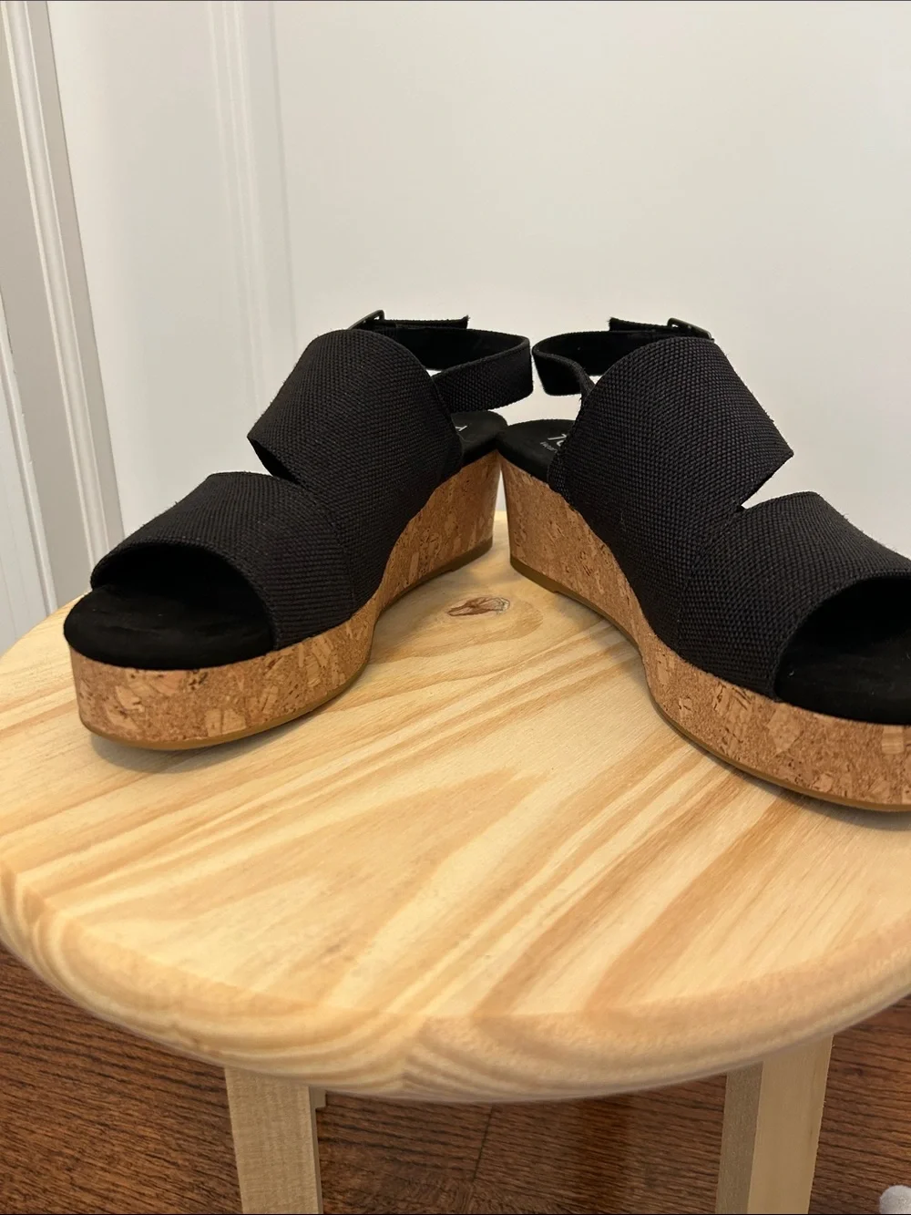 Toms Black Fabric Cork Platform Sandals